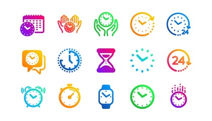 Timer, Alarm and Smartwatch. Time and clock icons. Time management, 24 hour clock, deadline alarm icons. Sand hourglass, smartwatch, timer stopwatch. Classic set. Gradient patterns. Vector