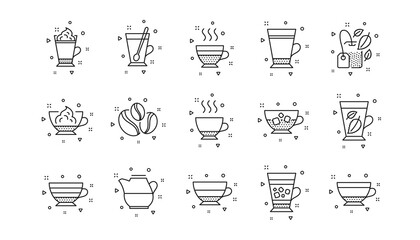 Mocha, Cappuccino and Latte. Coffee types and Tea icons. Americano cup linear icon set. Geometric elements. Quality signs set. Vector