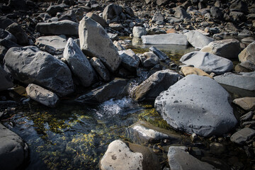 summer sunshine creates beautiful patterns on river stones under water