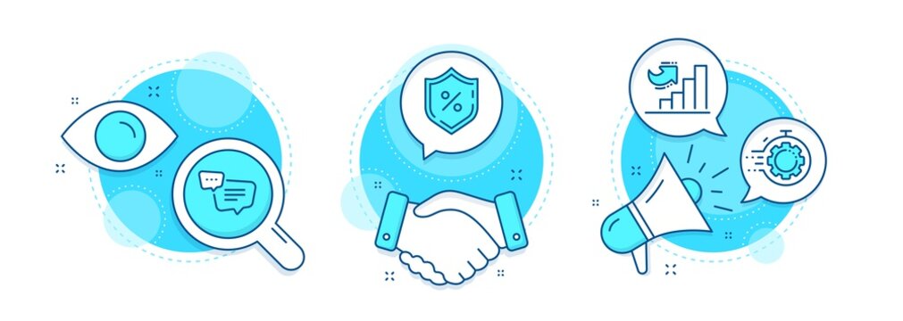 Loan percent, Seo timer and Text message line icons set. Handshake deal, research and promotion complex icons. Growth chart sign. Protection shield, Cogwheel, Chat bubble. Diagram graph. Vector