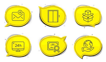 Lift sign. Diploma certificate, save planet chat bubbles. 24h service, Packing boxes and New mail line icons set. Call support, Delivery package, Add e-mail. Elevator. Technology set. Vector