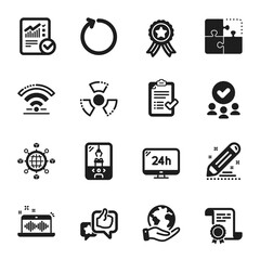 Fototapeta premium Set of Technology icons, such as Logistics network, Brand contract. Certificate, approved group, save planet. Loop, Chemical hazard, 24h service. Vector
