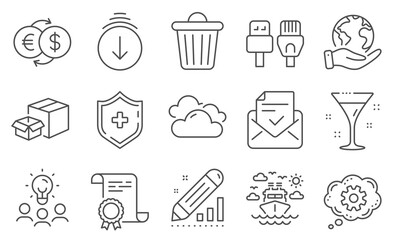 Set of Business icons, such as Computer cables, Edit statistics. Diploma, ideas, save planet. Money exchange, Scroll down, Cloudy weather. Ship travel, Approved mail, Packing boxes. Vector