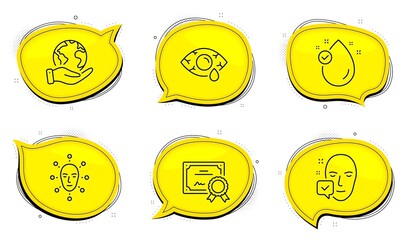 Face biometrics, Access granted, Optometry clinic. Diploma certificate, save planet chat bubbles. Face accepted, Ð¡onjunctivitis eye and Vitamin e line icons set. Outline icons set. Vector