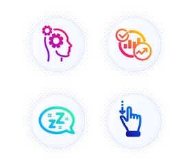 Statistics, Thoughts and Sleep icons simple set. Button with halftone dots. Touchscreen gesture sign. Report charts, Business work, Zzz bubble. Slide down. Business set. Vector