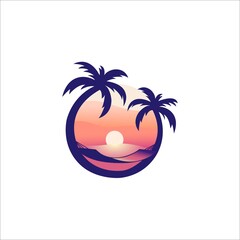 Obraz premium Palm Beach Logo Template, Vector Illustration EPS10. Travel, Turism, Sunset.