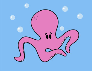 Cute octopus character under the water with bubbles around. Cartoon style vector illustration.