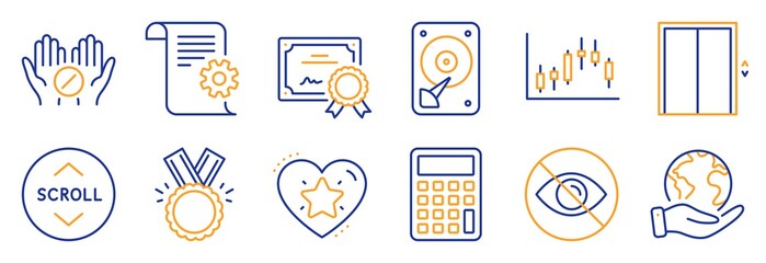 Set of Business icons, such as Lift, Calculator. Certificate, save planet. Medical tablet, Not looking, Hdd. Technical documentation, Candlestick graph, Ranking star. Vector