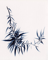 Watercolor painting of chlorophytum stem with leaves in Chinese ink style. Oriental picture of home plant in sumie-e ink style.  Illustration concept for decoration, relaxation, meditation, background