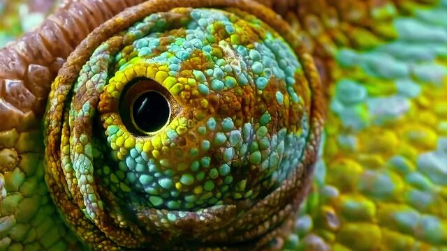 An extreme close-up of a Chameleon's eye moving around.
