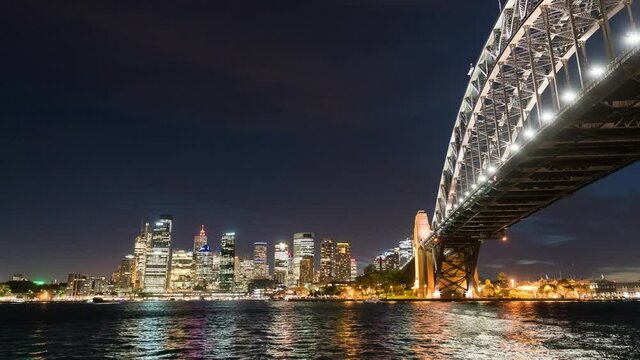 Colorful Sydney downtown skyline with harbor bridge at night in Sydney, New South Wales, Australia