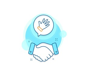 Wave palm sign. Handshake deal complex icon. Hand line icon. Gesture symbol. Agreement shaking hands banner. Hand sign. Vector
