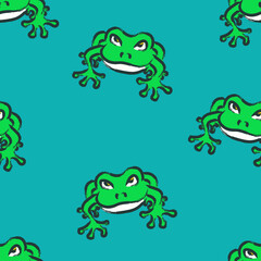 vector green frog with brush stroke outlines seamless pattern on marine blue