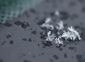 Snowflakes during the snowfall on glass surface