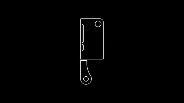White line Meat chopper icon isolated on black background. Kitchen knife for meat. Butcher knife. Happy Halloween party. 4K Video motion graphic animation.
