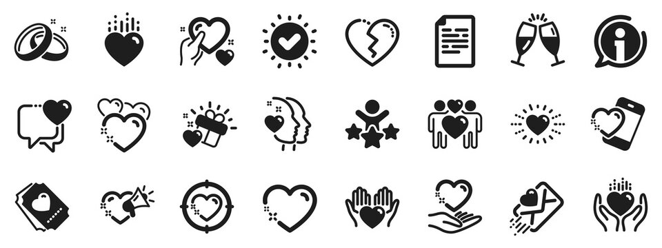 Gift box, Broken heart and Romantic letter. Love icons. Wedding rings, glasses with champagne, love heart icons. Happy couple, heart holding, romantic loudspeaker. Approved check, document. Vector
