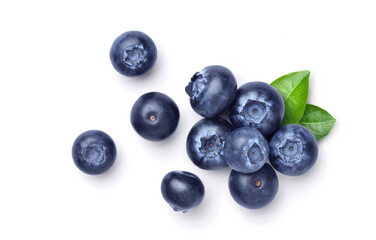 Top view group of  fresh Blueberries with green leaves isolated on white background.