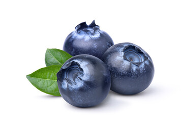 Close-up  fresh Blueberries with green leaves isolated on white background.