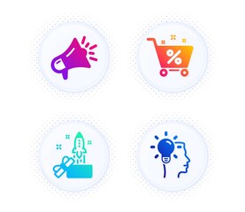 Megaphone, Loan percent and Innovation icons simple set. Button with halftone dots. Idea sign. Brand advertisement, Shopping cart, Crowdfunding. Professional job. Business set. Vector