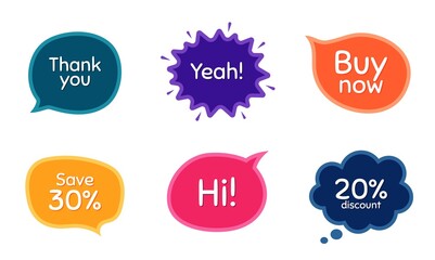 Buy now, 20% discount and save 30%. Colorful chat bubbles. Thank you phrase. Sale shopping text. Chat messages with phrases. Texting thought bubbles. Vector