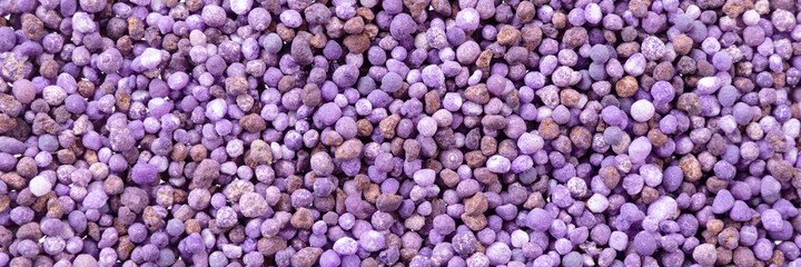 Purple mineral fertilizer for application to the lawn in the spring or autumn. Panoramic image