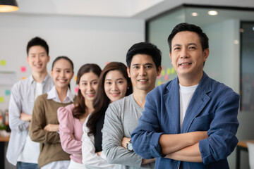 Group of Happy Asian business men leader standing smile cross arm confidence with Business team at Co-Working space,Small Business Startup Concept