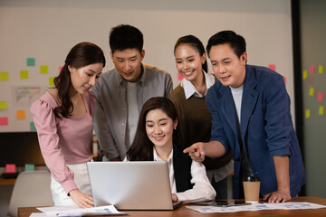 Group of Happy young business Startup coworkers working Brainstorming together to get ideas and marketing plan at office,Business Startup Diversity Concept