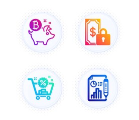 Bitcoin coin, Private payment and Shopping cart icons simple set. Button with halftone dots. Report document sign. Piggy bank, Secure finance, Discount. Growth chart. Finance set. Vector