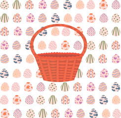 pattern with Easter eggs. wicker basket. background of eggs. holy easter. decoration for printing on wrapping paper. wallpaper. Print