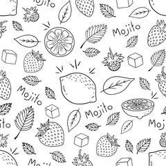 Seamless hand-drawn vector pattern of mojito for wallpapers kitchen cafe or restaurant. Black and white colors