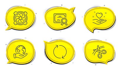 Computer fan sign. Diploma certificate, save planet chat bubbles. Refresh, Hold heart and Scissors line icons set. Rotation, Friendship, Cutting ribbon. Pc ventilator. Business set. Vector
