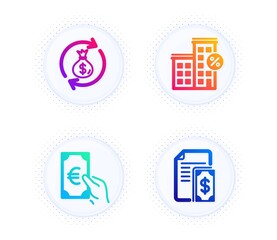 Loan house, Finance and Money exchange icons simple set. Button with halftone dots. Payment sign. Discount percent, Eur cash, Cash in bag. Finance set. Gradient flat loan house icon. Vector