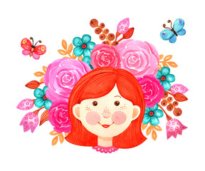 Watercolor cute girl face. Princess, pink flowers, candy. Hand drawn cartoon character. Kids party card, template, background, illustration
