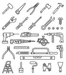 Household tools vector isolated outline icons set