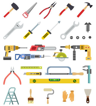 Household tools. Vector colorful flat style illustrations set