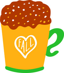 Frappe coffee in yellow ceramic mug with heart. Hand drawn Love fall lettering. Hot drink with cream and foam. Autumn vector illustration. 