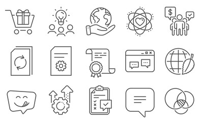 Set of Technology icons, such as Browser window, File settings. Diploma, ideas, save planet. Text message, Teamwork, Shopping cart. Seo gear, Euler diagram, Update document. Vector