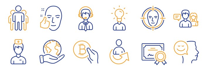 Set of People icons, such as Doctor, Face detect. Certificate, save planet. Group, Share, Bitcoin pay. Good mood, Shipping support, People talking. Education, Healthy face line icons. Vector