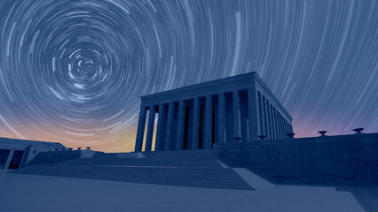 Star trails of Anitkabir - Mausoleum of Ataturk with dramatic sunset - Ankara Turkey