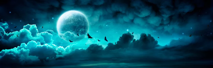 Fototapeten Halloween-Nacht - Gespenstischer Mond im bewölkten Himmel mit Fledermäusen © Romolo Tavani
