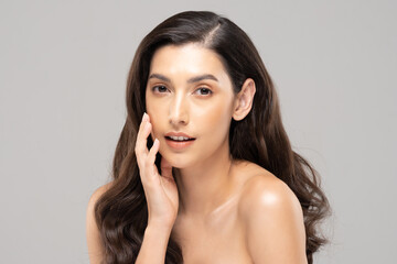 Fototapeta premium Beautiful Glamour woman touching cheek smile with clean and fresh skin Happiness and cheerful with positive emotional,isolated on grey background,Beauty Cosmetics and spa Facial treatment Concept