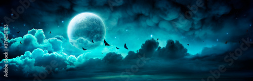 Halloween Night - Spooky Moon In Cloudy Sky With Bats