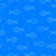 Doodle white fishes with simple pattern and bubble on blue background. Seamless ocean summer pattern. Suitable for textile, wrapping.