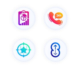 Star target, 24h service and Report icons simple set. Button with halftone dots. Swipe up sign. Winner award, Call support, Presentation chart. Scrolling page. Technology set. Vector