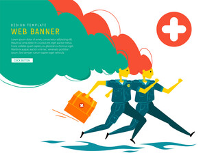 Emergency doctors rushes to rescue. Medical banner. Paramedic in uniform with medical box and paramedic with oxygen mask . Emergency doctors do their job. flat illustration