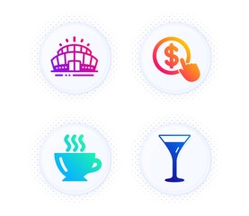 Buy currency, Coffee and Arena stadium icons simple set. Button with halftone dots. Martini glass sign. Money exchange, Cappuccino, Sport complex. Wine. Business set. Vector