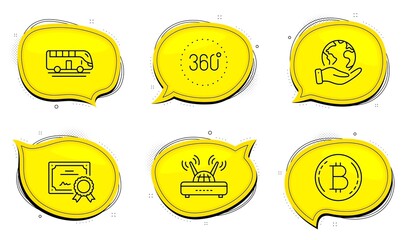 Bitcoin sign. Diploma certificate, save planet chat bubbles. 360 degrees, Wifi and Bus tour line icons set. Panoramic view, Internet router, Transport. Cryptocurrency coin. Technology set. Vector