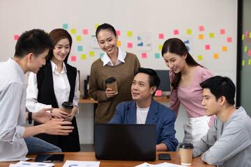 Group of Happy young business Startup coworkers working Brainstorming together to get ideas and marketing plan at office,Business Startup Diversity Concept