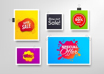 Super sale, 50% discounts and Special offer. Frames with promotional banners. Discount banner with speech bubble. Shop now badge. Photo frames and sale offers. Vector