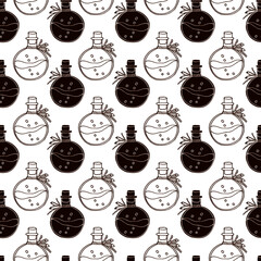 seamless pattern in monochrome colors,  magic drink, bottle with poison, background for wallpaper and fabric, scrapbooking paper